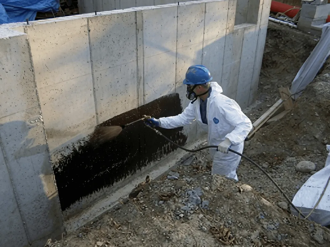 Professional waterproofing the exterior walls of the basement in Aurora, IL
